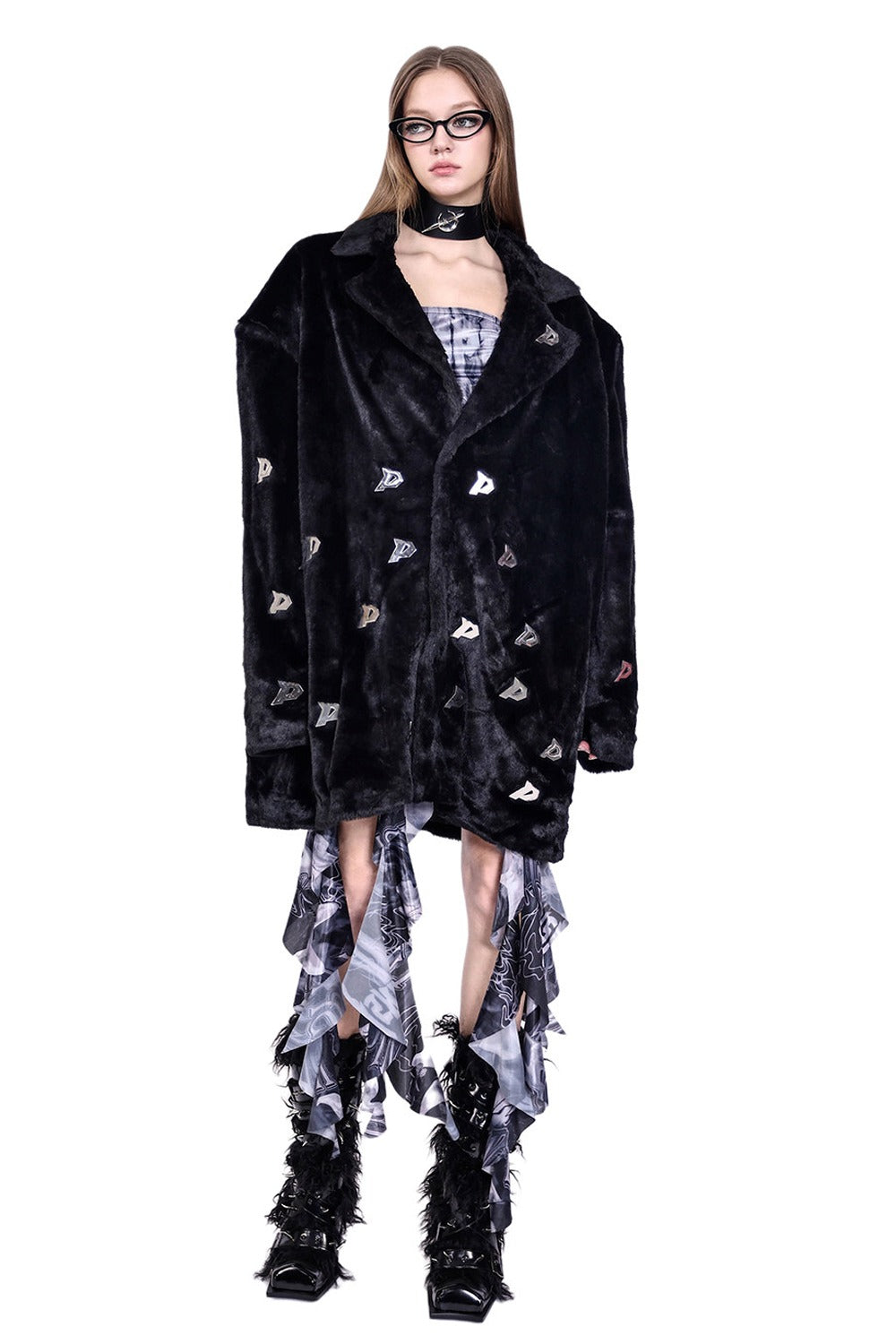 Letter Quilted Shoulder Pads Genderless Black Fur Jacket