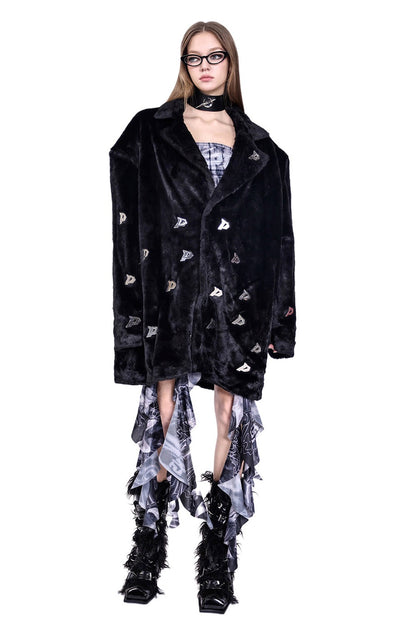 Letter Quilted Shoulder Pads Genderless Black Fur Jacket