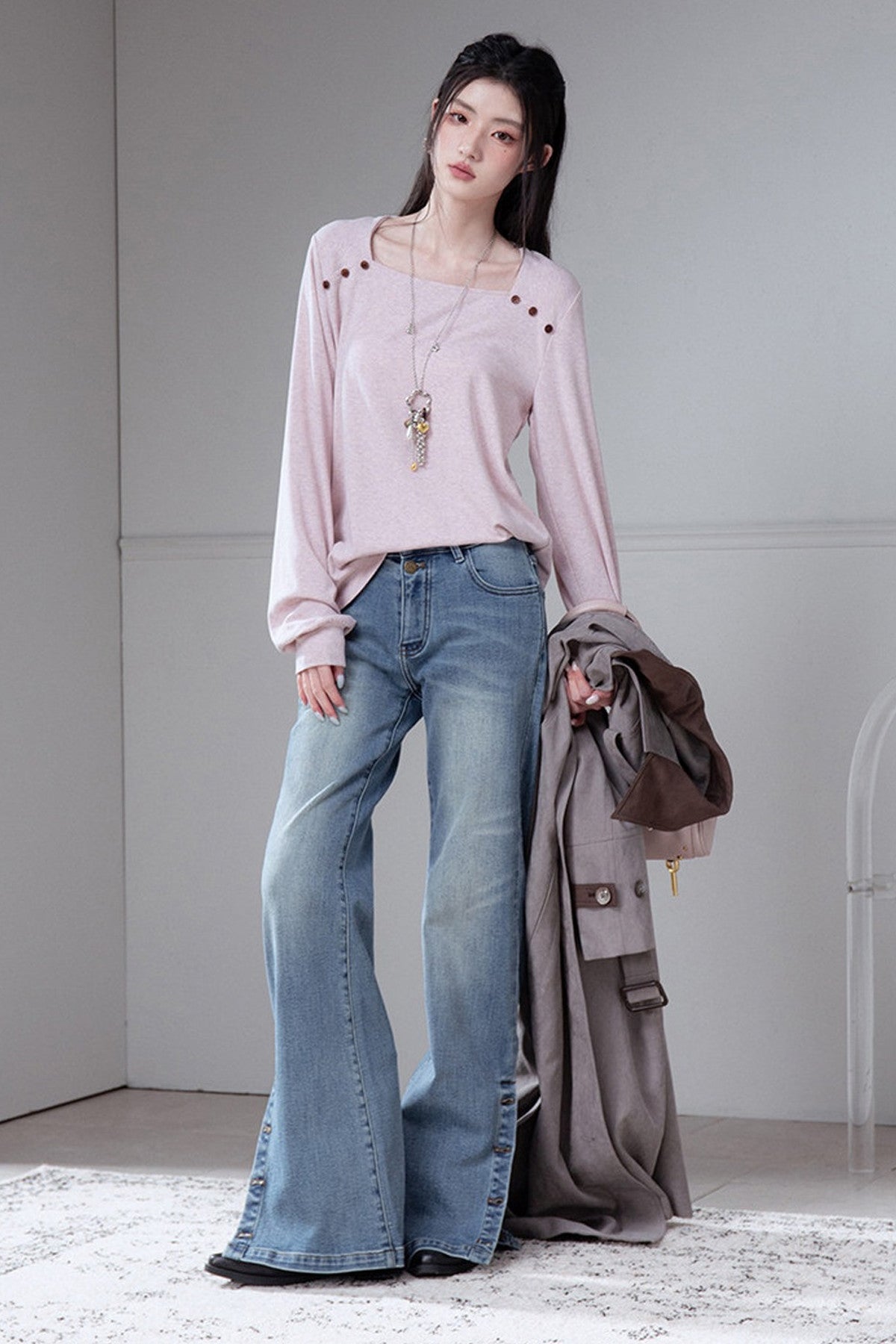 Wool Silk Diamond Neck Knit Top And Skirt Set