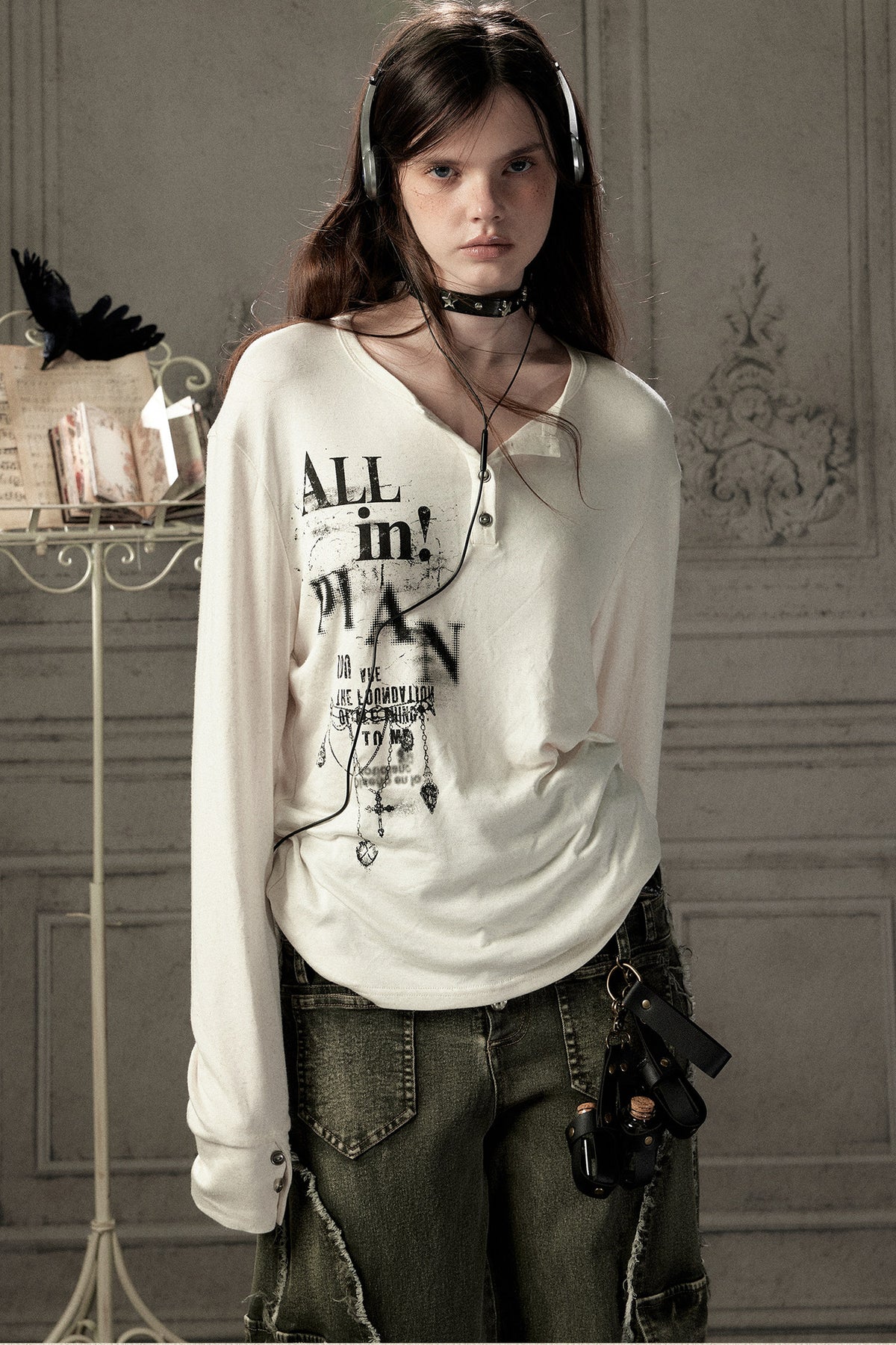 Beige Printed Long-Sleeved T-Shirt