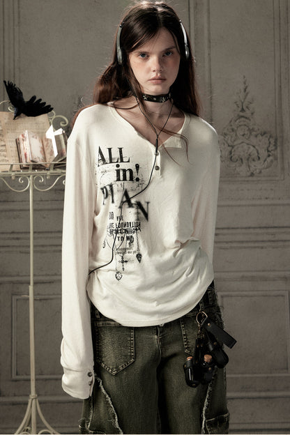 Beige Printed Long-Sleeved T-Shirt