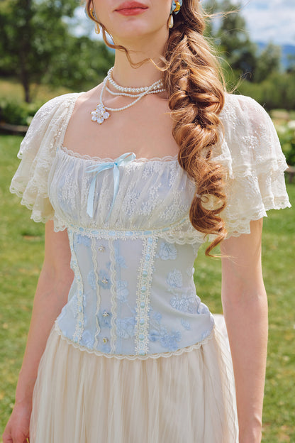 French Retro Lace Trim Top and Skirt Set-Up