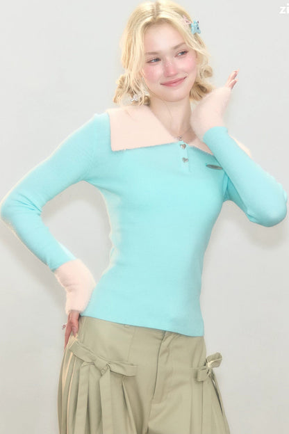 Contrasting Color Polo Collar Knit Top