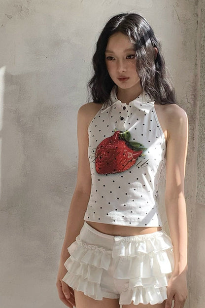 Top a canotta all'americana con schiena scoperta a pois fragola
