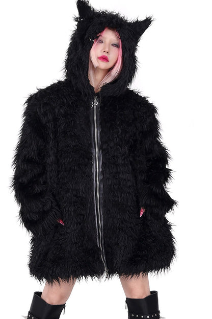 3D Cat Ears Hooded Faux Fur Jacket
