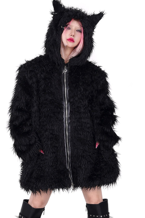 3D Cat Ears Hooded Faux Fur Jacket
