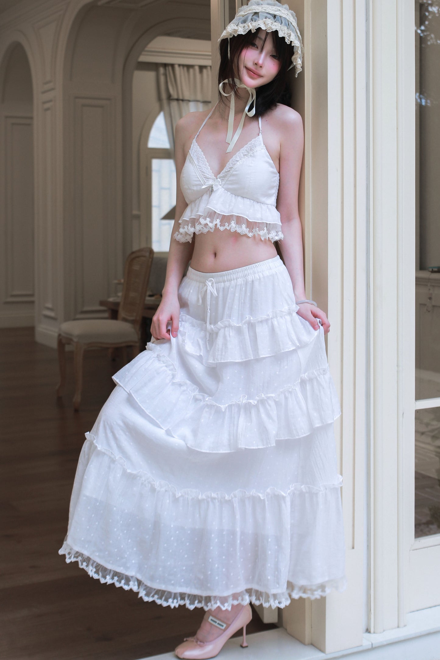 Ensemble caraco et jupe longue en Tencel blanc à imprimé étoiles