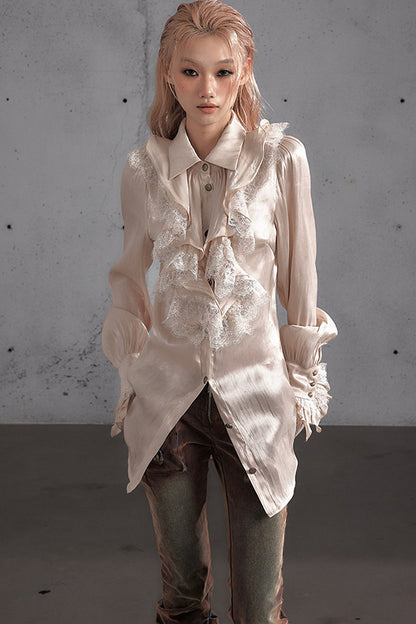 Ruffled Lace Patchwork Satin Blouse