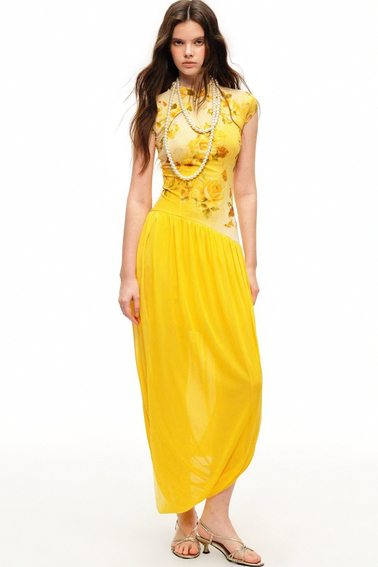 Yellow Rose Print Mesh Qipao Long Dress