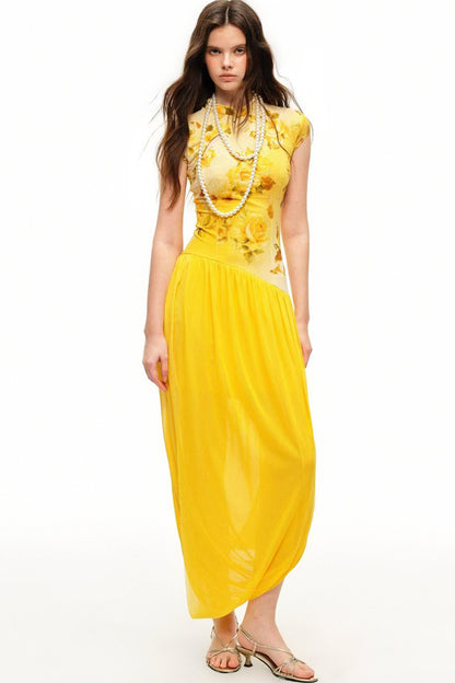 Yellow Rose Print Mesh Qipao Long Dress