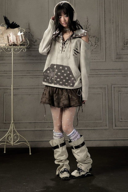 Bunny Ears Star Off-Shoulder Hoodie