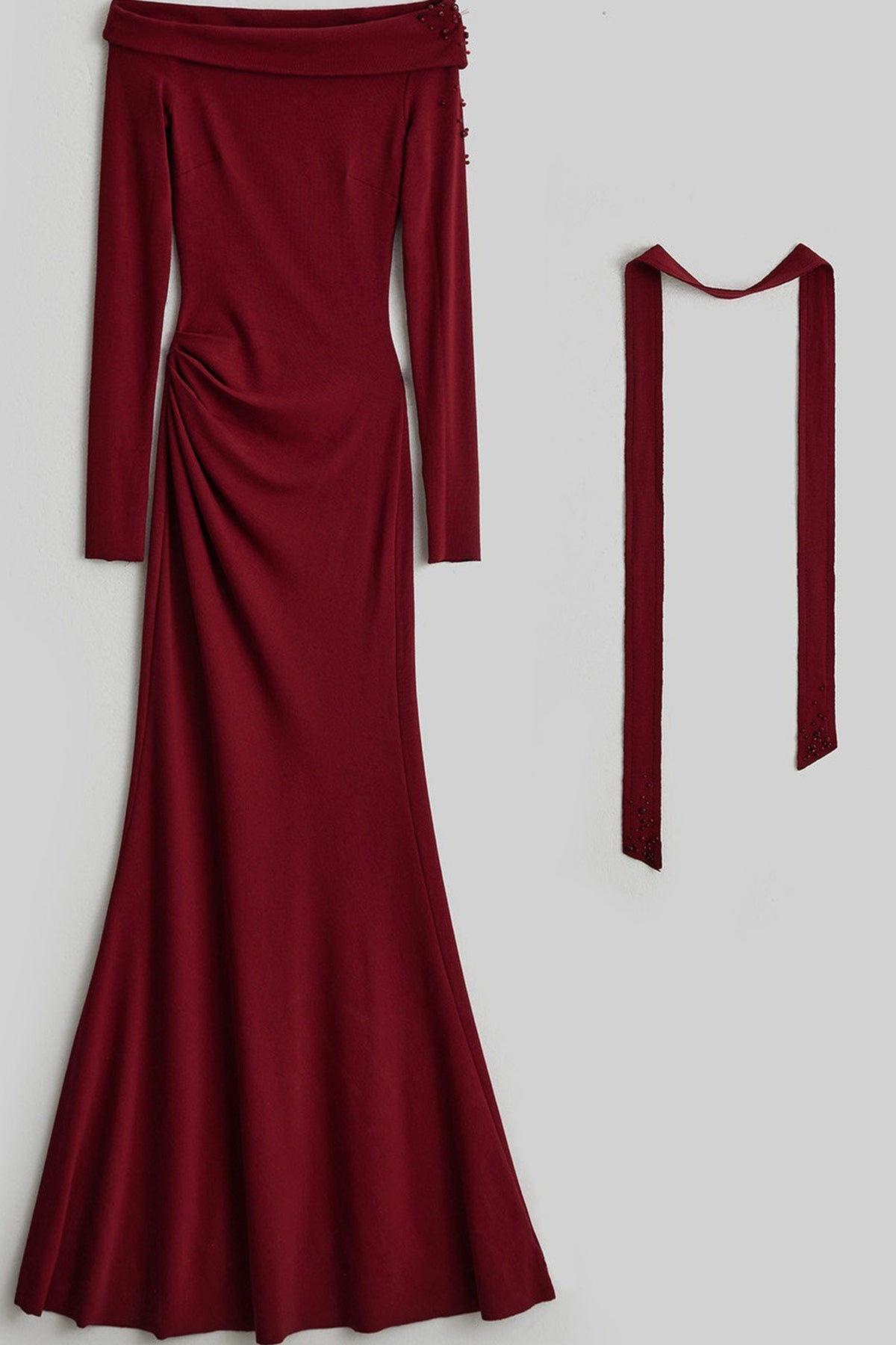 French Off-Shoulder Knitted Long-Sleeve Dress