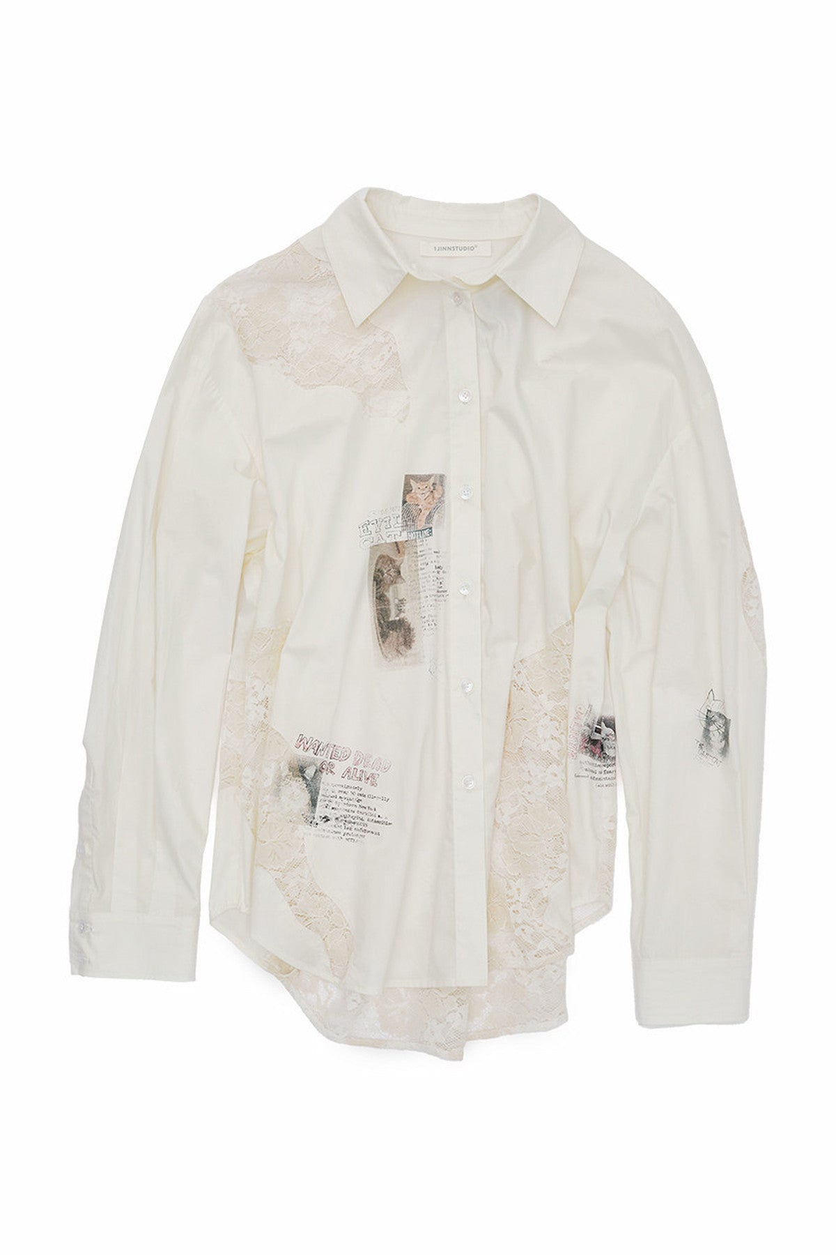 Cat Print Lace Patchwork Long Sleeve Shirt
