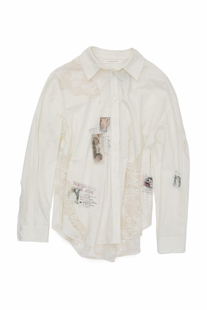 Cat Print Lace Patchwork Long Sleeve Shirt