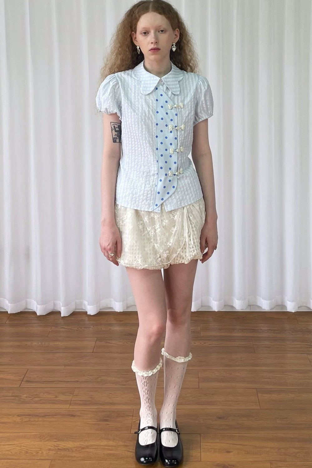 Blue Plaid Polka Dot Puff Sleeve Blouse