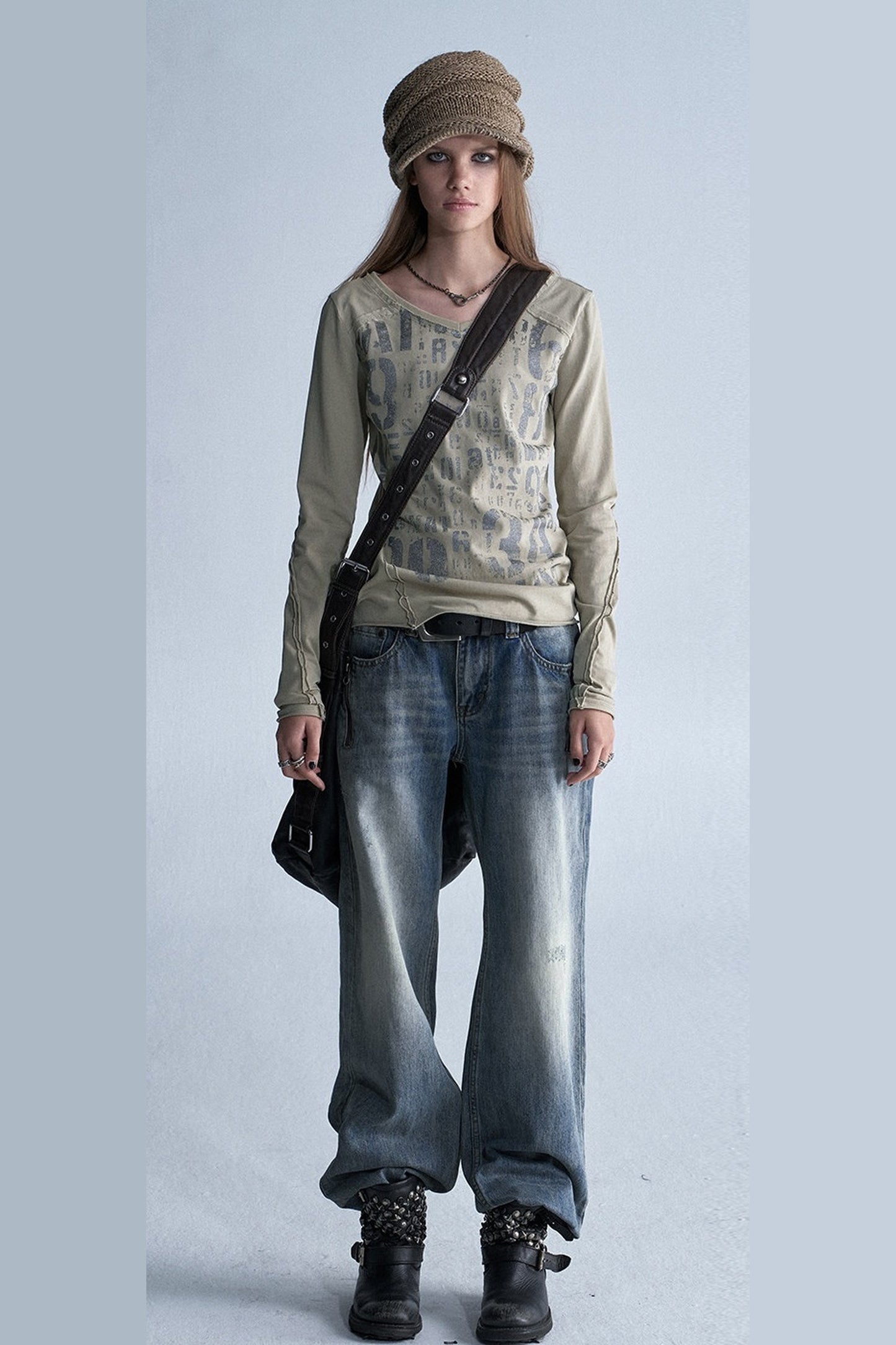 Asymmetrical Frayed All-Over Print Long-Sleeve T-Shirt