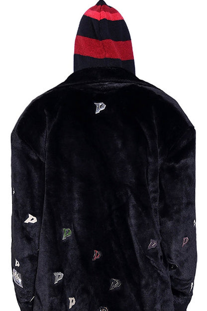 Letter Quilted Shoulder Pads Genderless Black Fur Jacket