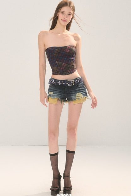 Frayed Ripped Lace Denim Shorts