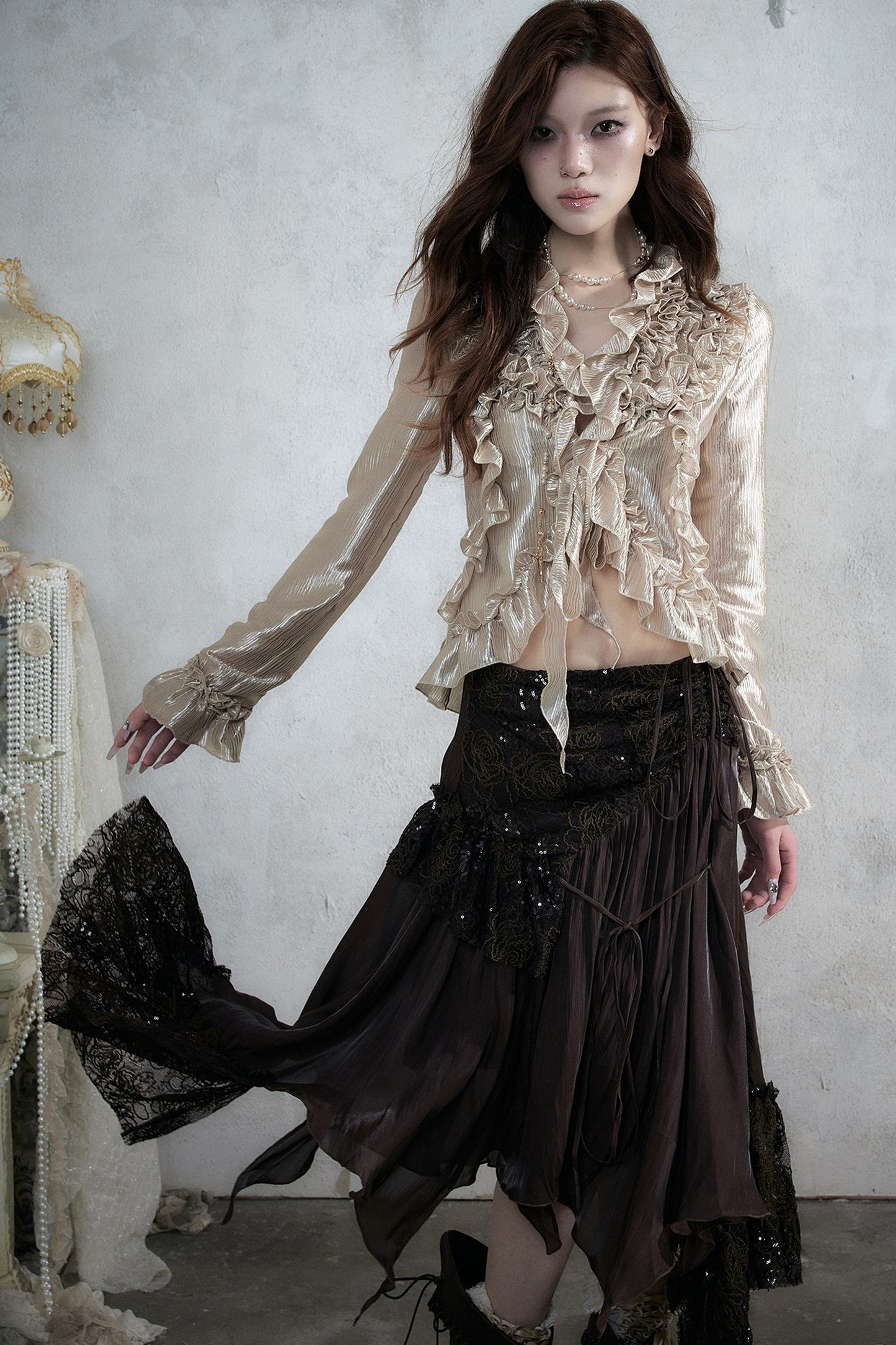 Ruffle Trim Tie Waist Long-Sleeved Blouse