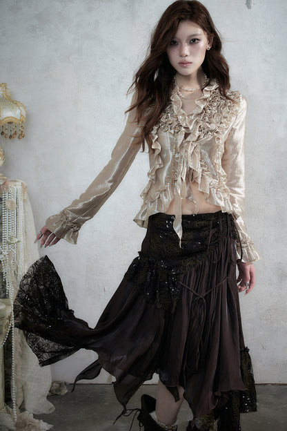 Ruffle Trim Tie Waist Long-Sleeved Blouse