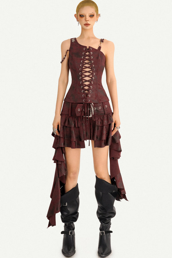 Punk Corset, Asymmetrical Belted Multi-Layer Ruffle Skirt and Top Set