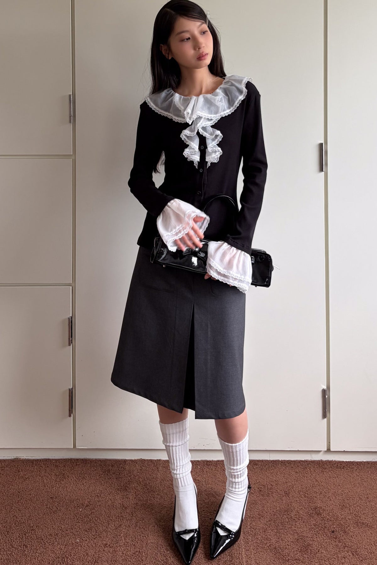 Lace Patchwork Ruffle Sleeve Cardigan