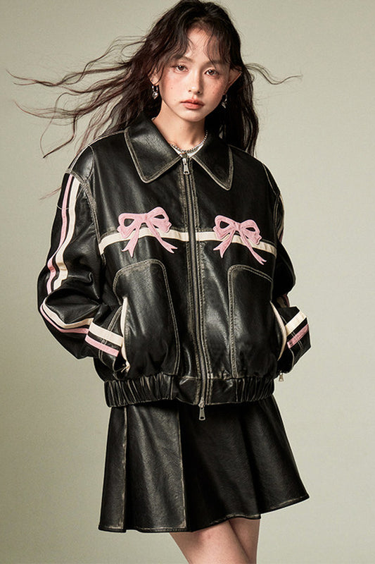 Distressed Bow Leather Jacket