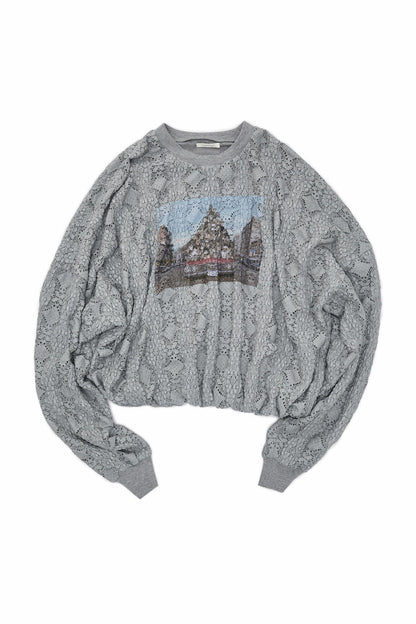 Cat Wanted Print Hollow Lace Pullover