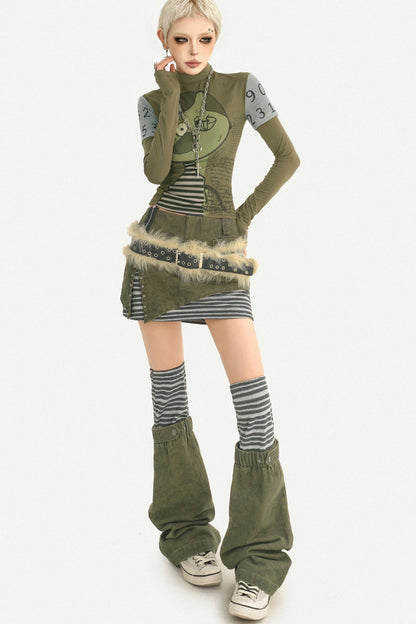 Printed Green Long-Sleeve Top and Skirt Set-Up