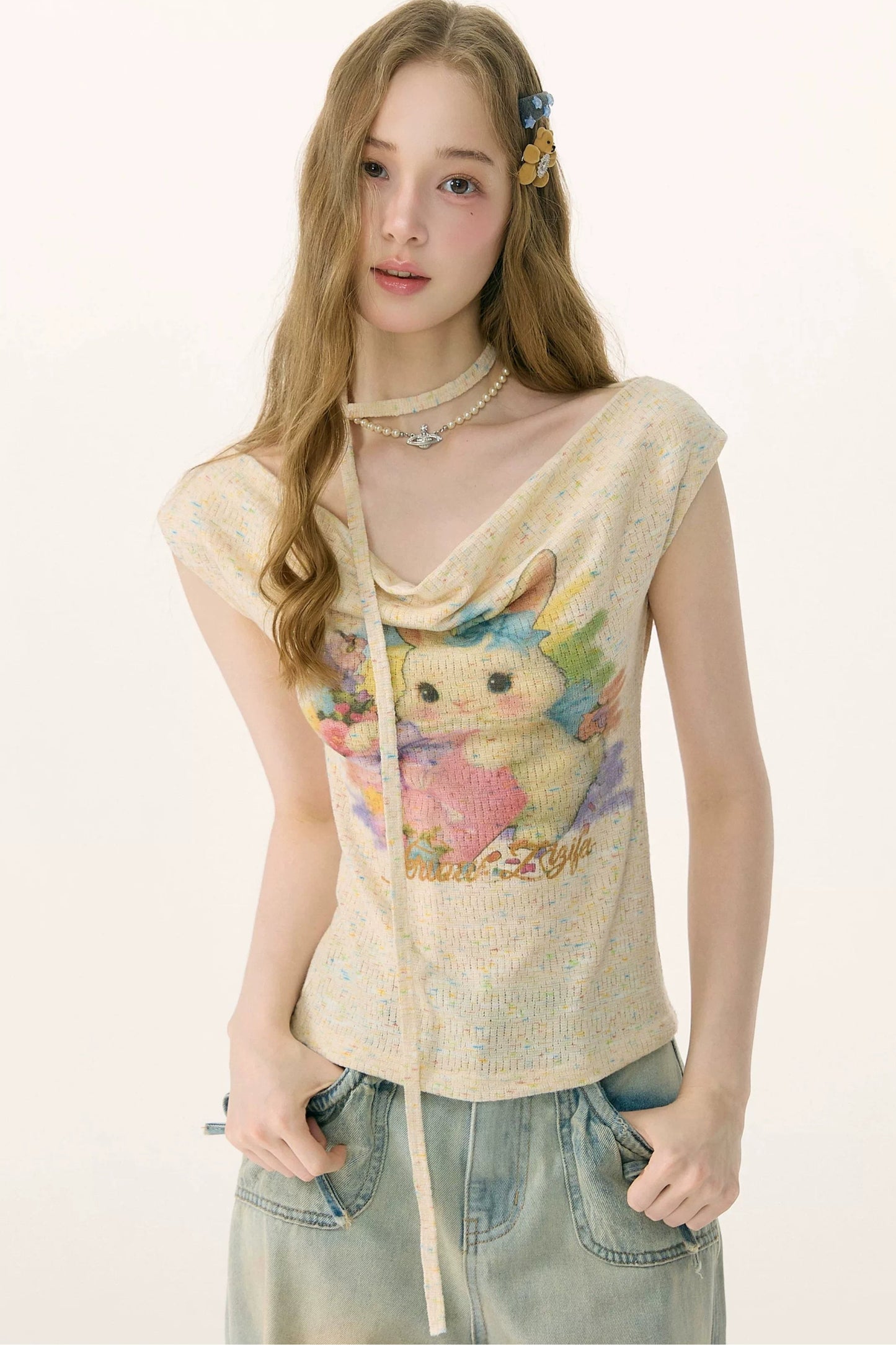 Rainbow Rabbit Knitted Off-Shoulder T-Shirt