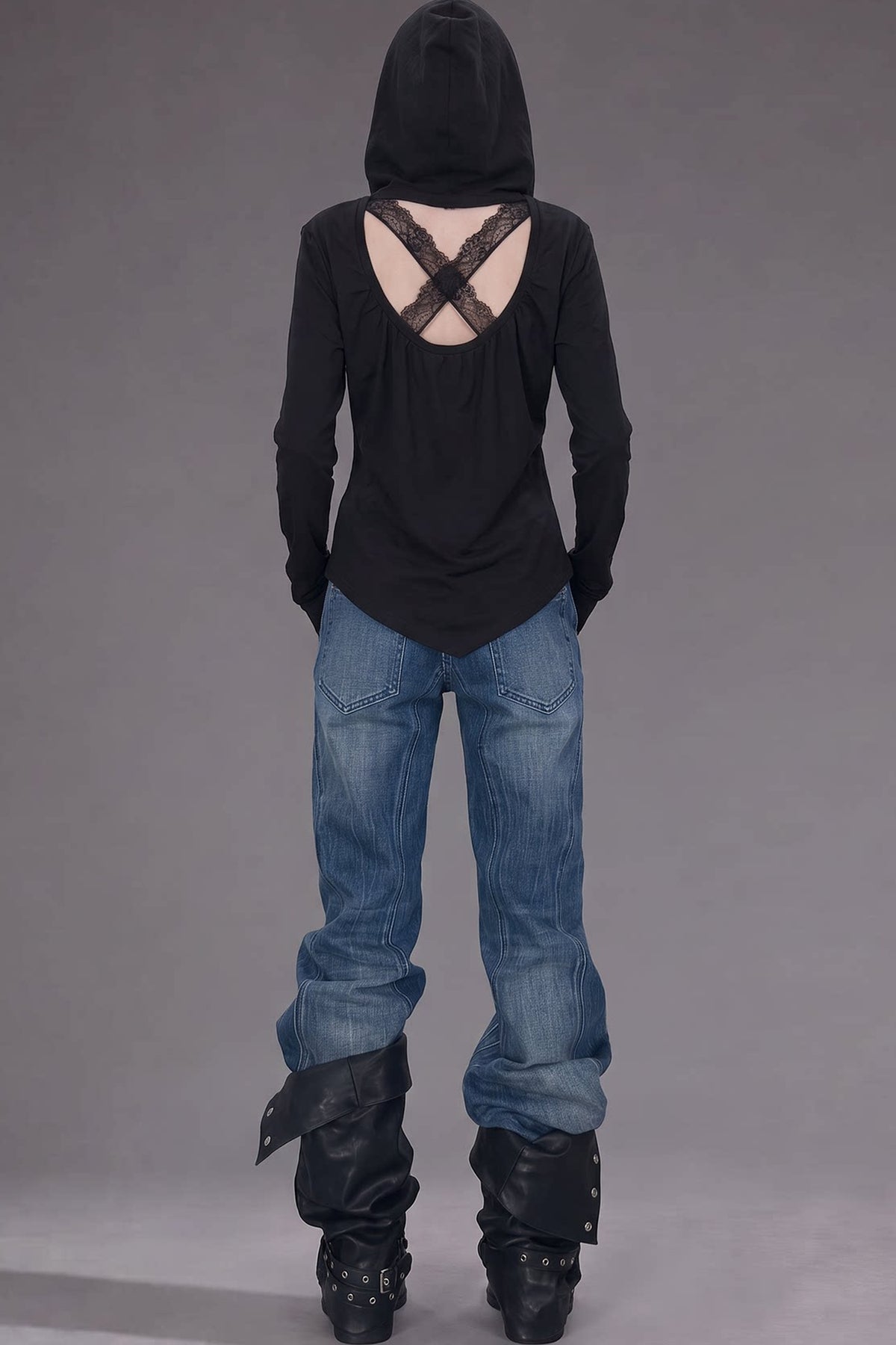 Black Lace Back Hooded Sweatshirt