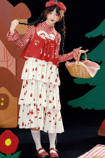 Red Mushroom Print Layered-Look Suspender Dress