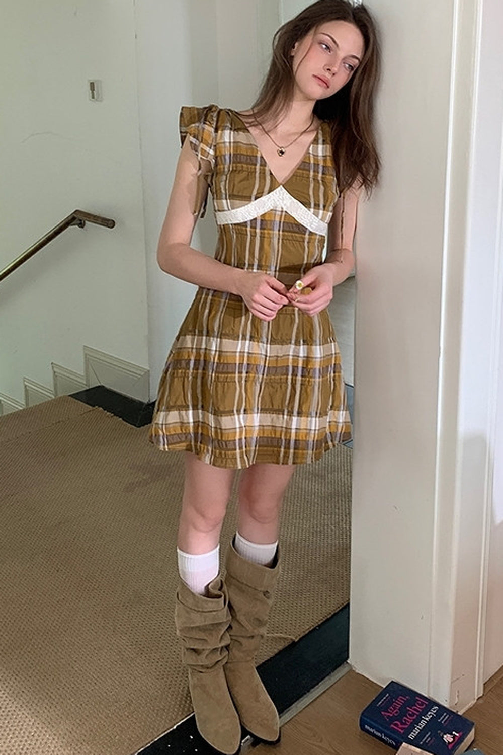 Brown Yellow Plaid Lace Trim Short Sleeve Dress