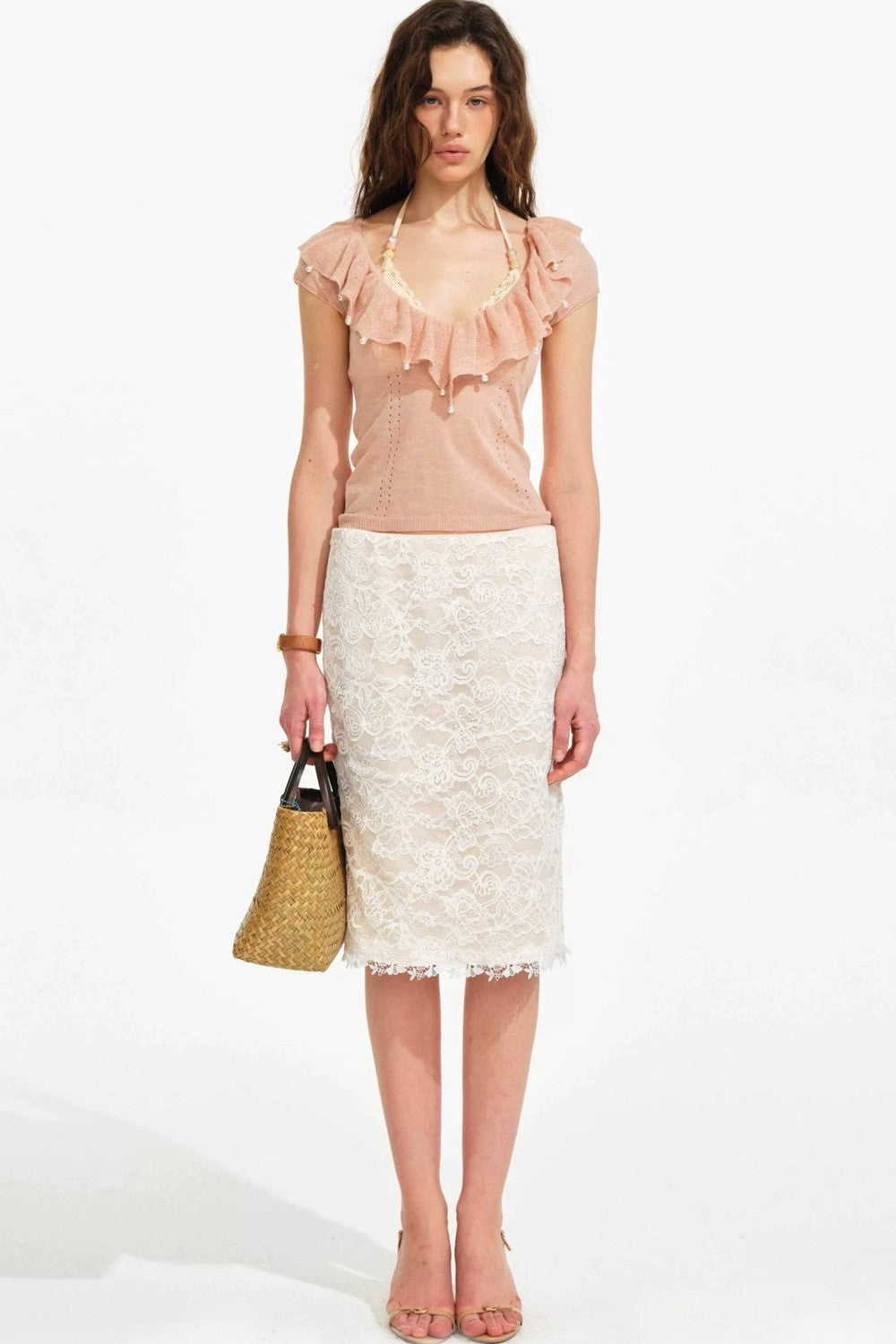 Retro Ruffle V-Neck Linen Knit Top set-Up