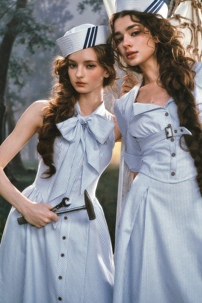 French Vintage Striped Shirt Dress Set-Up