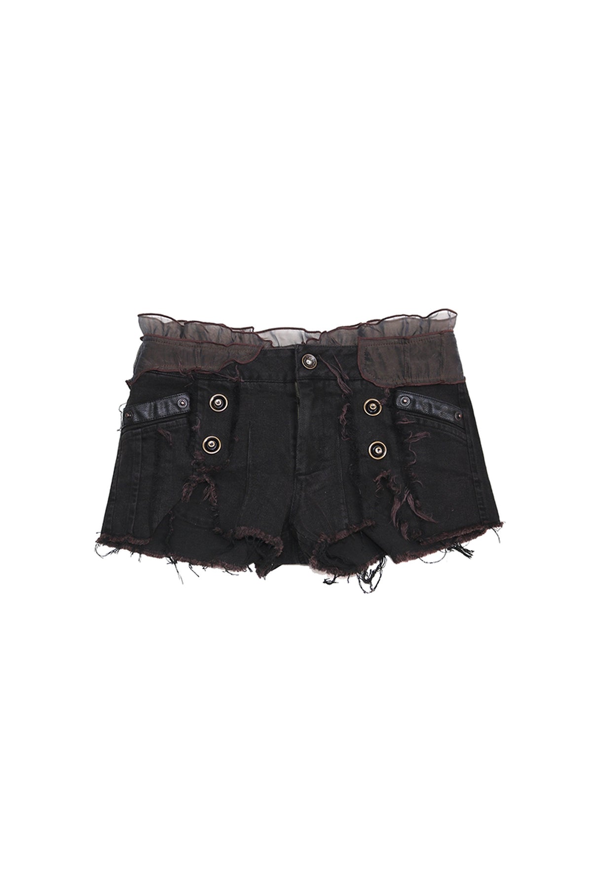 Ruffled Mesh Patchwork Frayed Denim Shorts