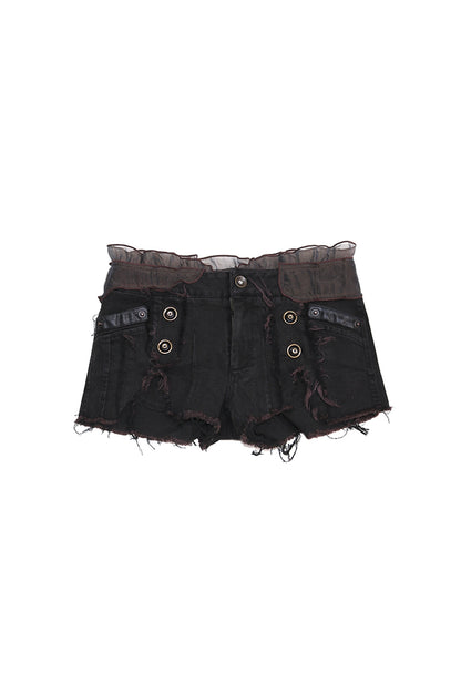 Ruffled Mesh Patchwork Frayed Denim Shorts