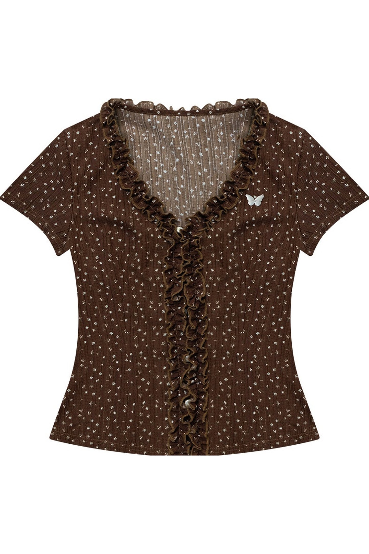 Chemisier marron en dentelle à pois
