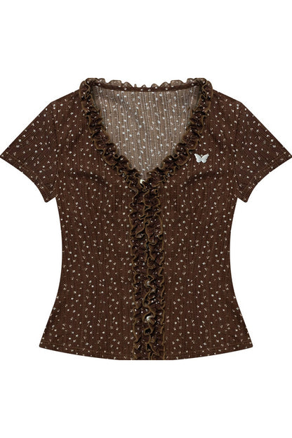 Chemisier marron en dentelle à pois