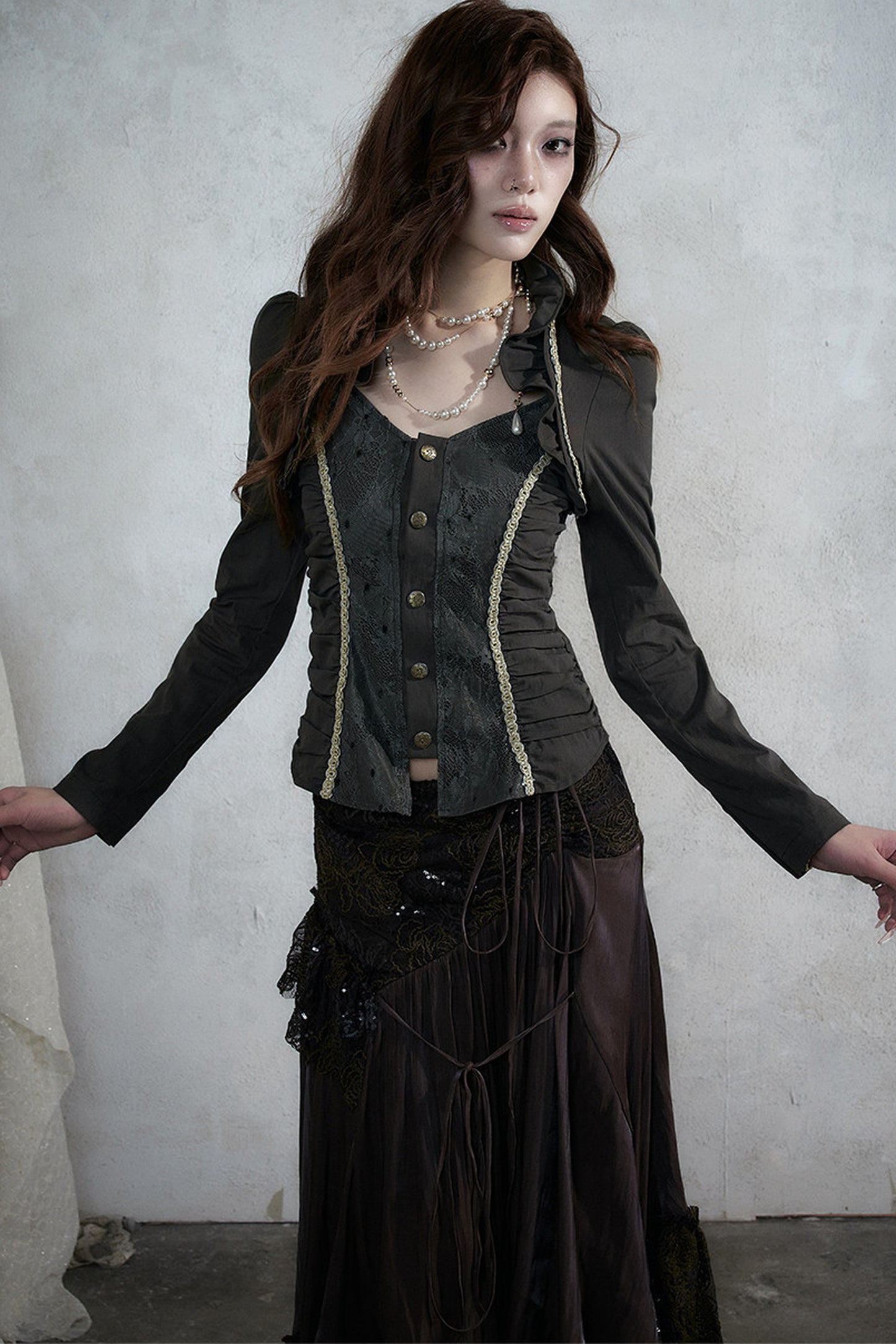 Lace Patchwork Ruched Layered-Look Shirt