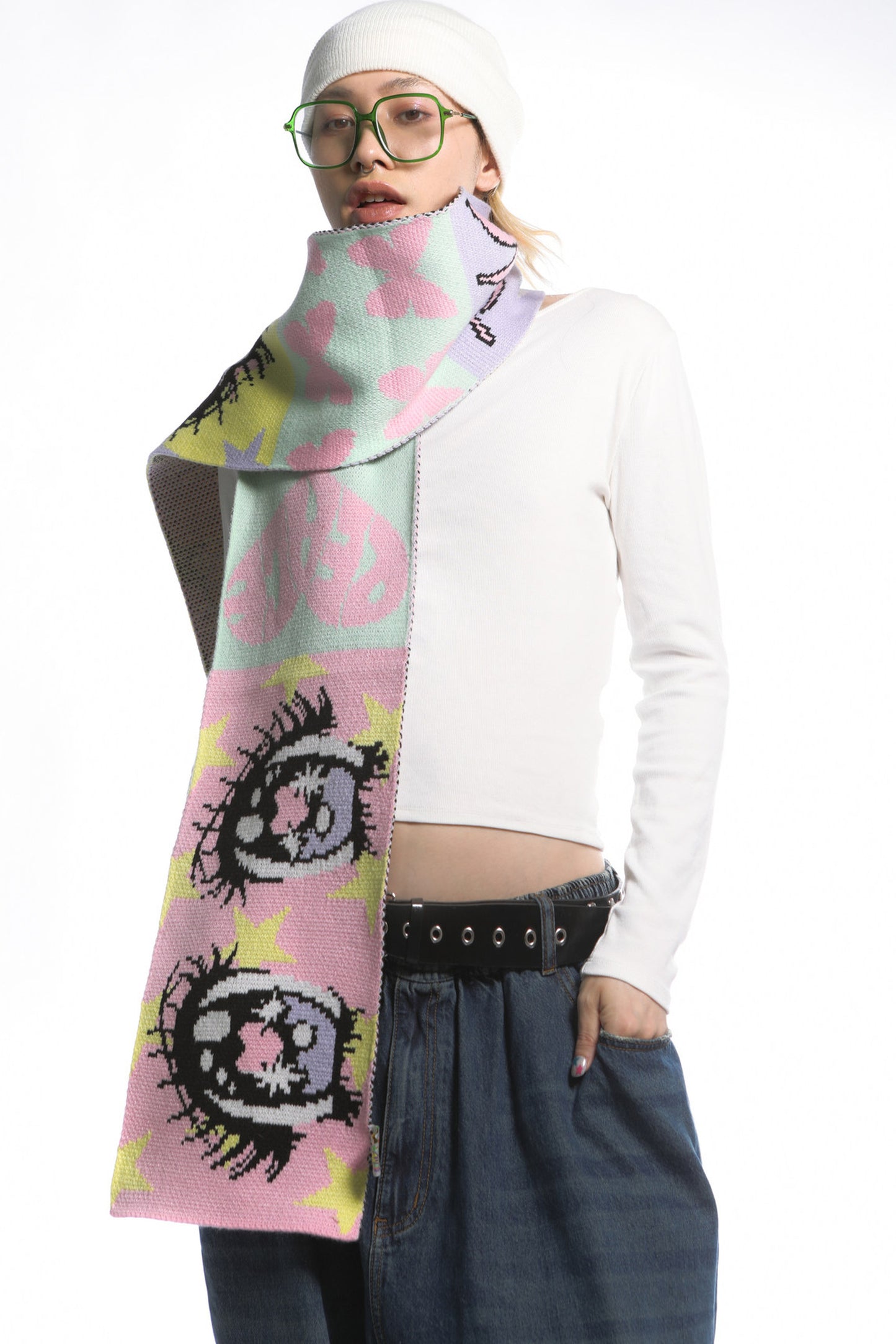 Comic Eye Knitted Long Scarf Set-Up