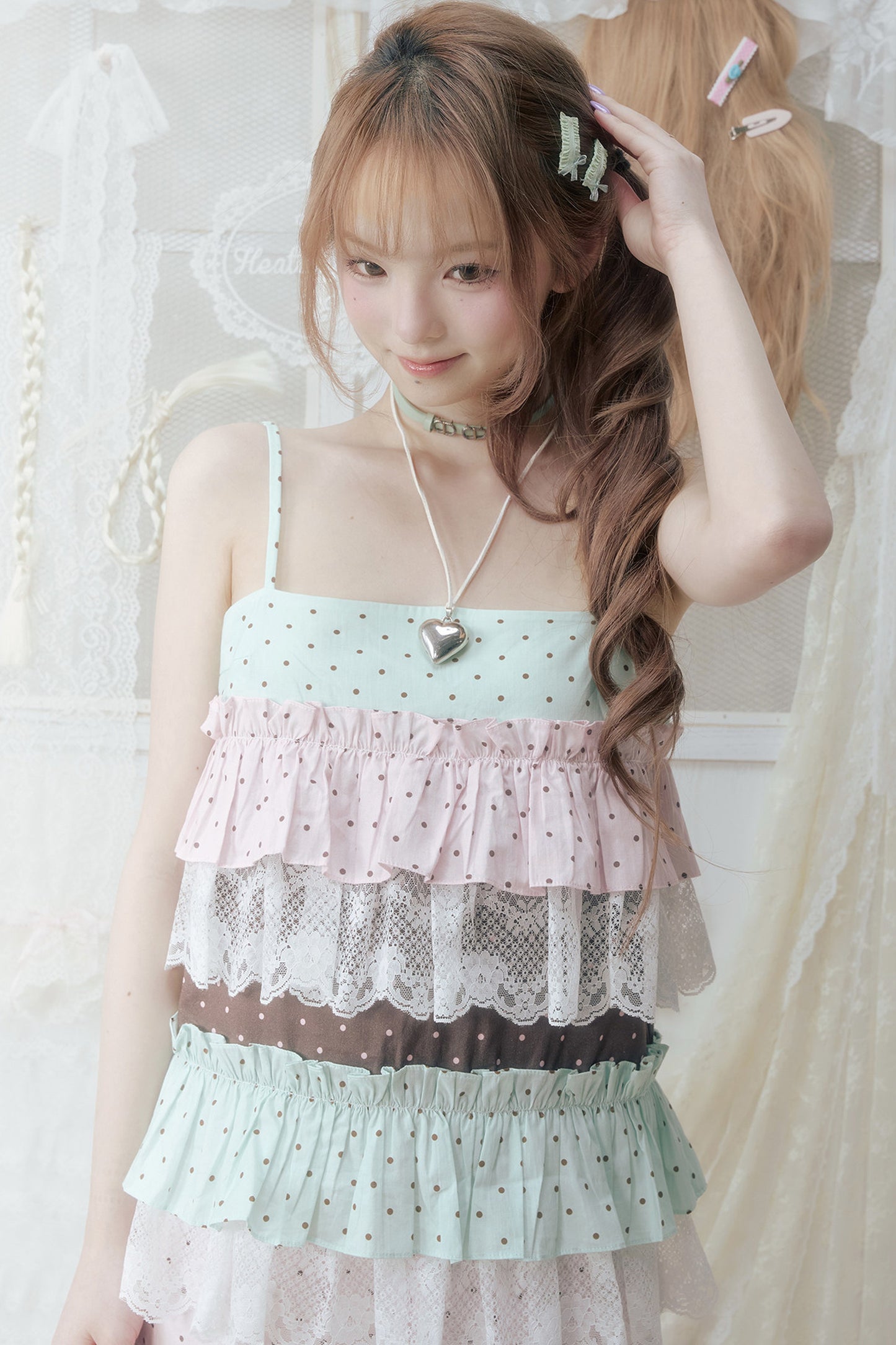 Pink Green Polka Dot Lace Ruffle Dress