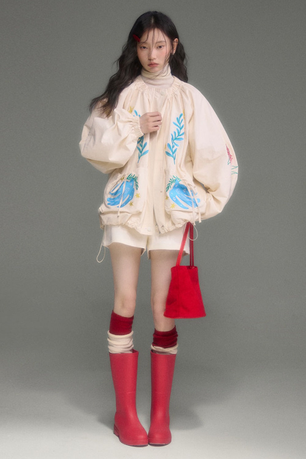 Loose Birds Olive Floral Embroidered Drawstring Jacket