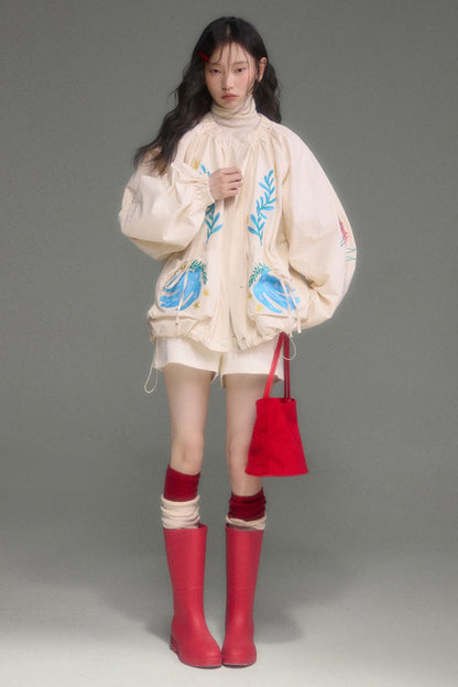 Loose Birds Olive Floral Embroidered Drawstring Jacket