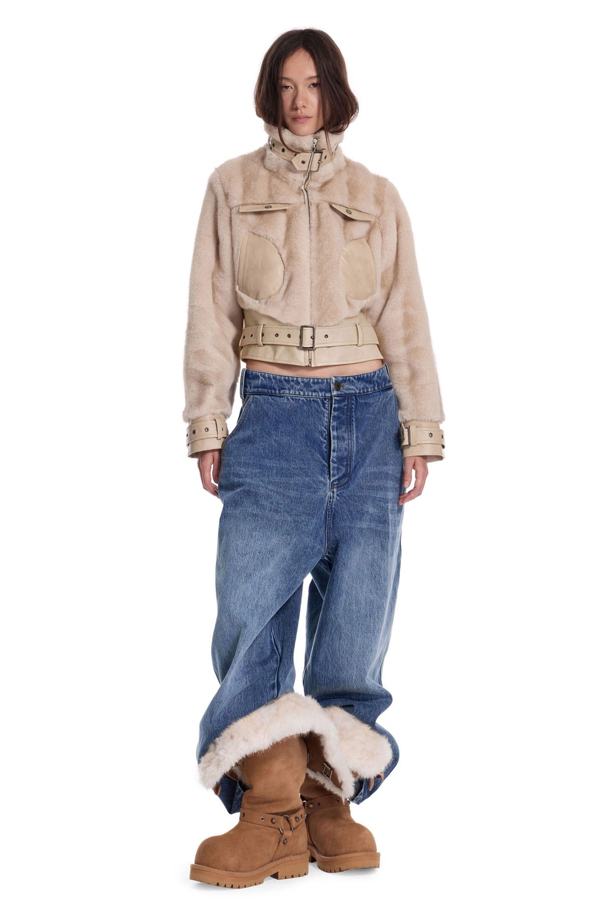 Imitation Mink Fur PU Leather Splicing Jacket