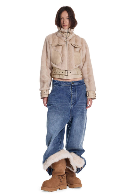 Imitation Mink Fur PU Leather Splicing Jacket