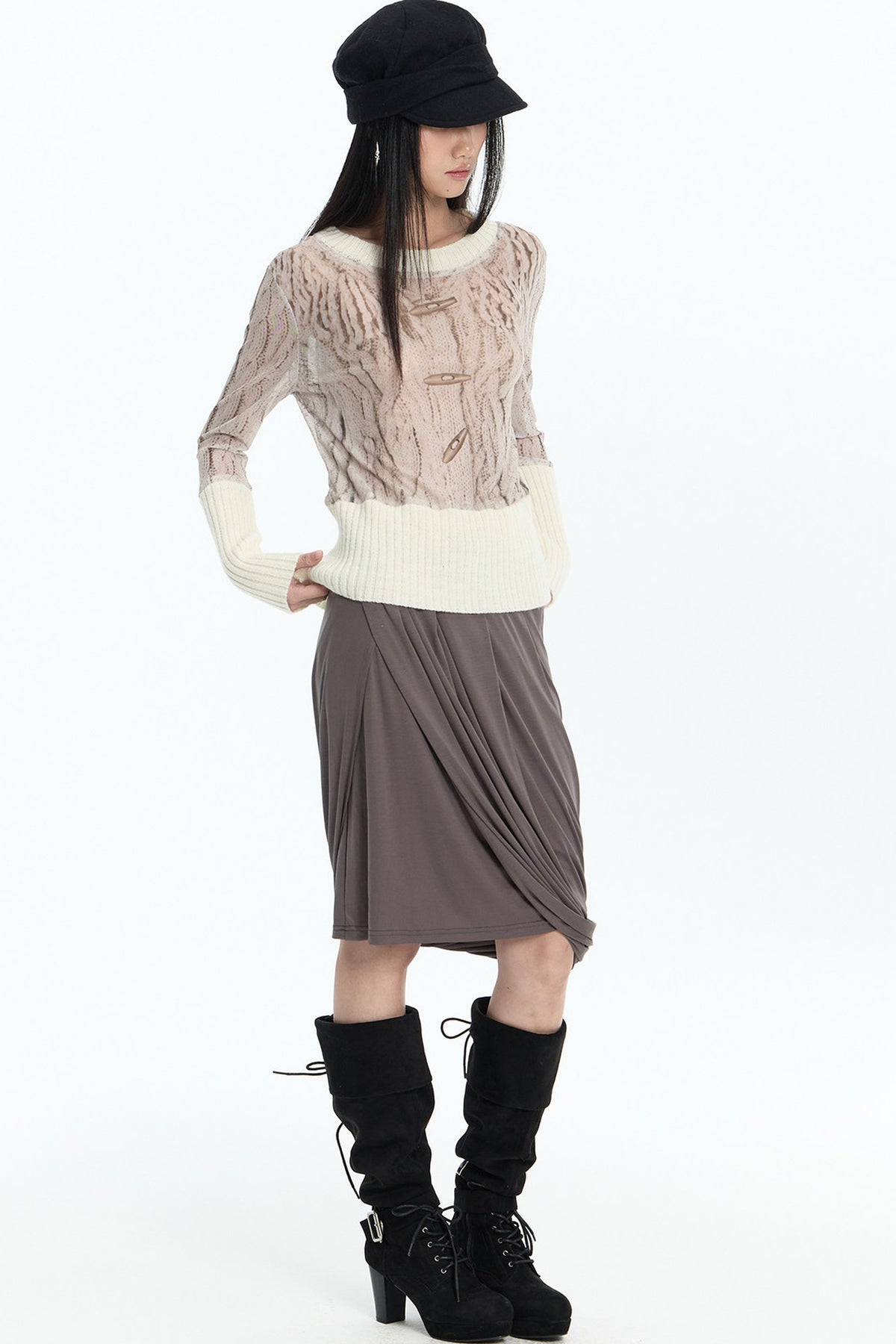 Ribbed Printed Mesh Knit Base Sweater and Skirt Set-Up