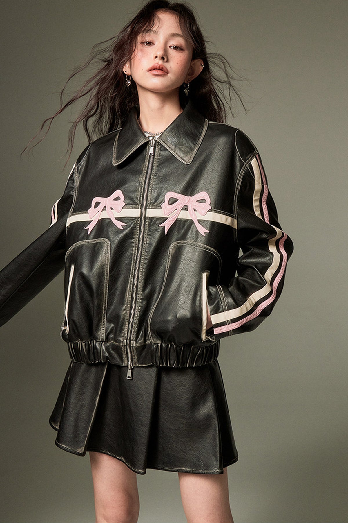 Distressed Bow Leather Jacket