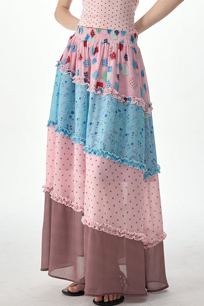 Pink Floral Polka Dot Tiered Maxi Skirt