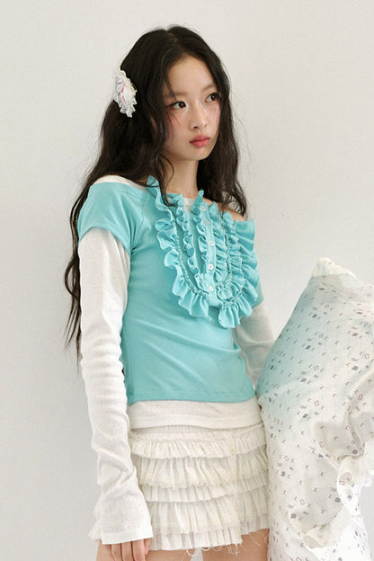 Tee-shirt effet superposé en dentelle à blocs de couleur